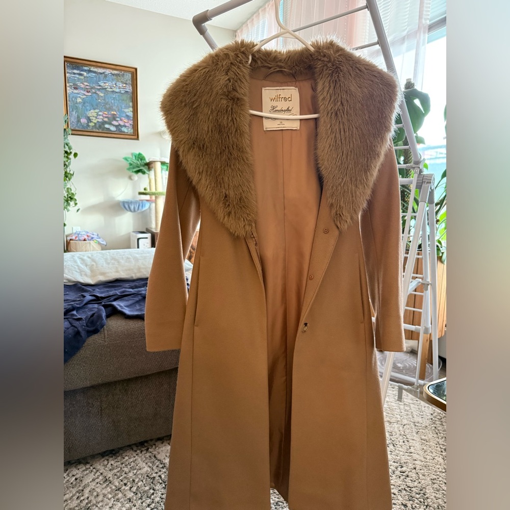 Wilfred Tan Long Coat with Faux Fur Collar
